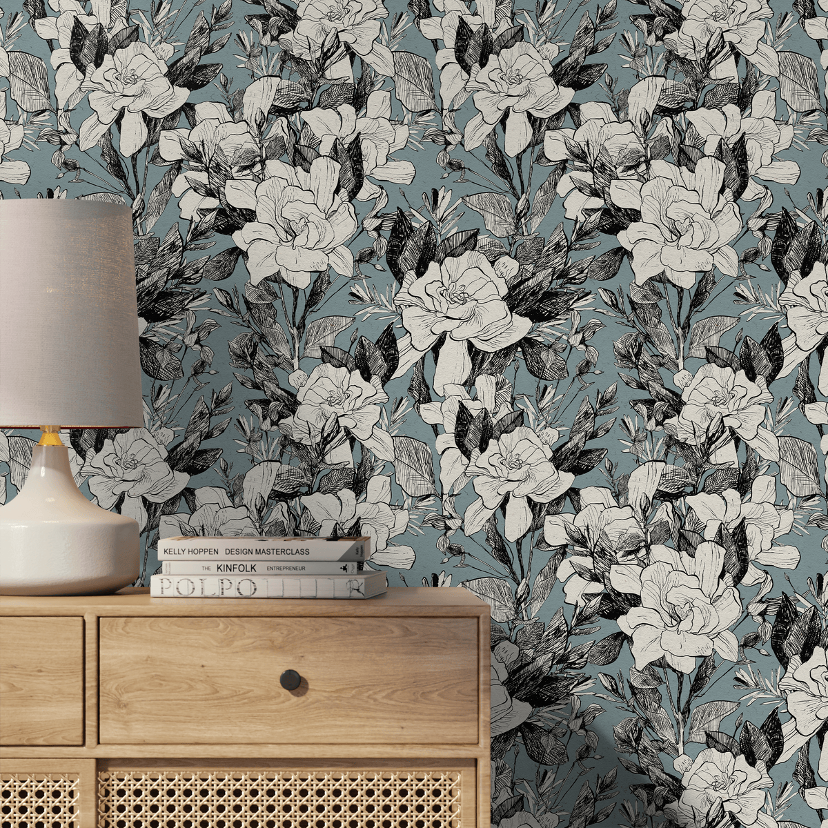 Floral Wallpaper with Sketched Gardenias in Blue, Black, and Cream - detail view