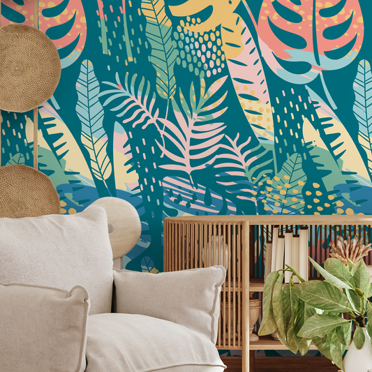 Flat Colorful Leaves Wallpaper - Removable Wallpaper Peel and Stick Wallpaper Wall Paper Wall Mural  - A787