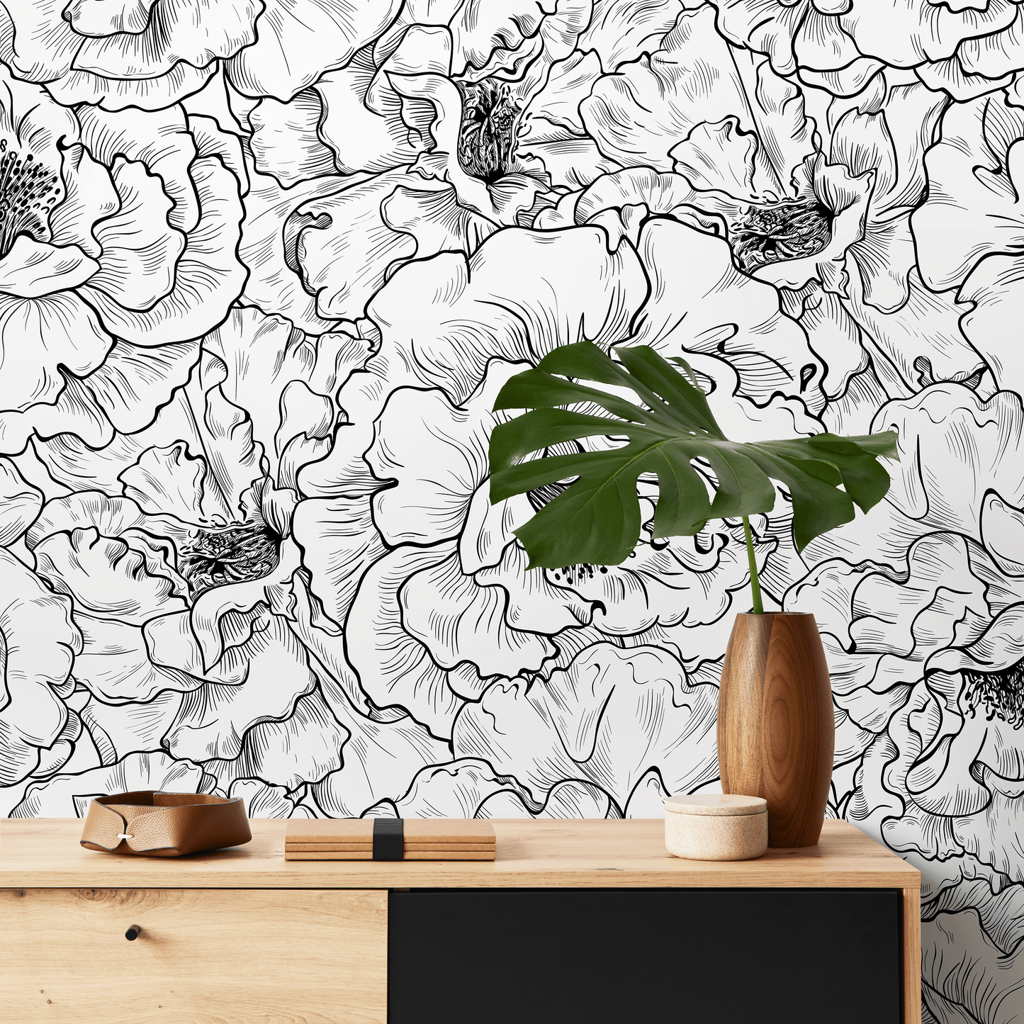 Removable Wallpaper, Scandinavian Wallpaper, Handrawn Wallpaper, Peel and Stick Wallpaper, Wall Paper, Black And White - A788