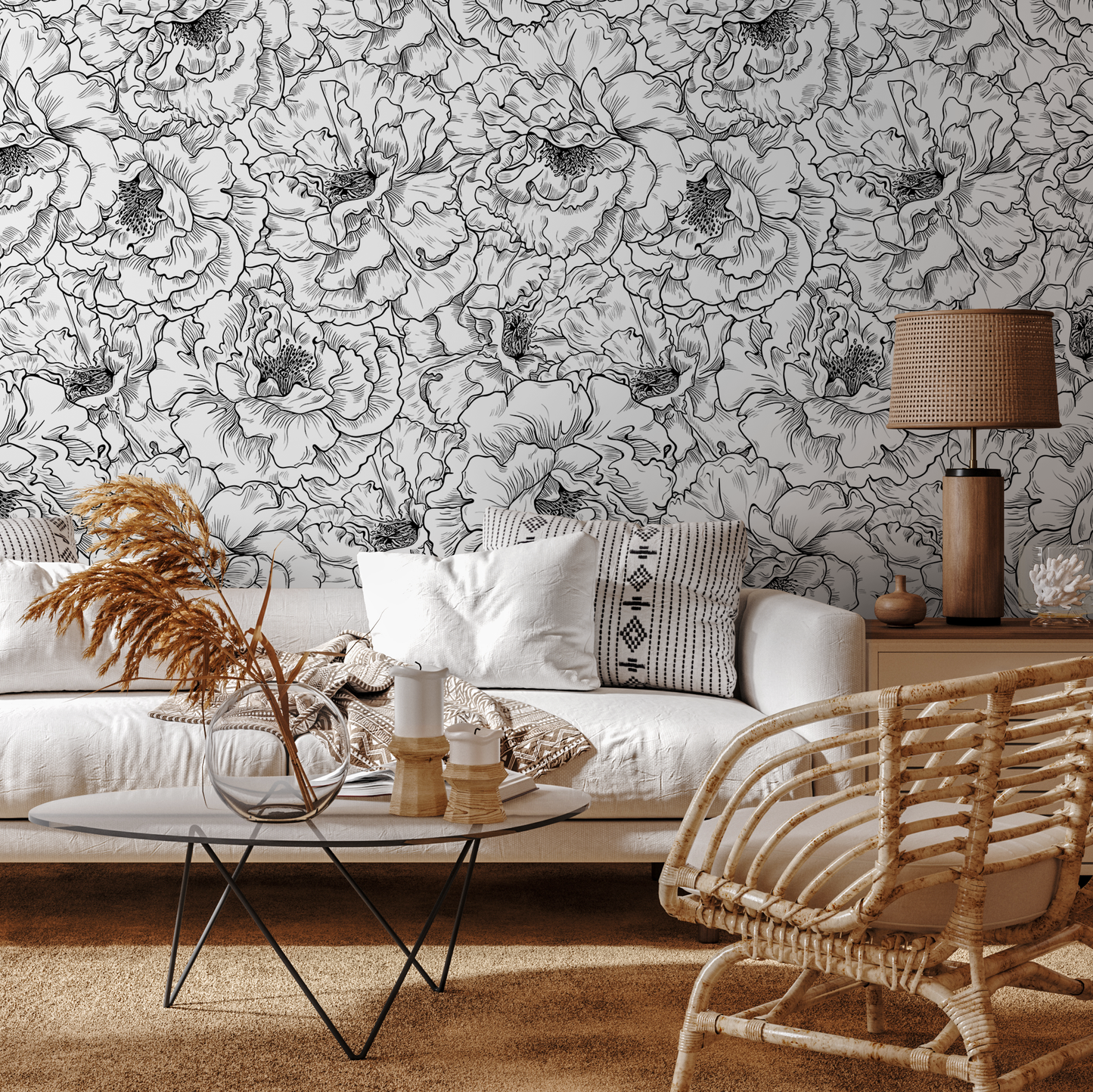 Removable Wallpaper, Scandinavian Wallpaper, Handrawn Wallpaper, Peel and Stick Wallpaper, Wall Paper, Black And White - A788