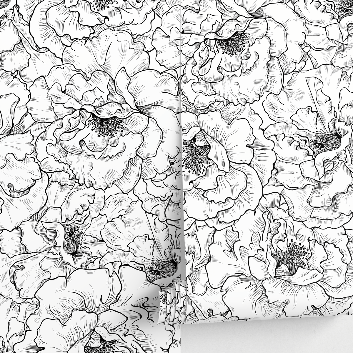 Floral Wallpaper with Hand-Drawn Peonies in Black and White - detail view