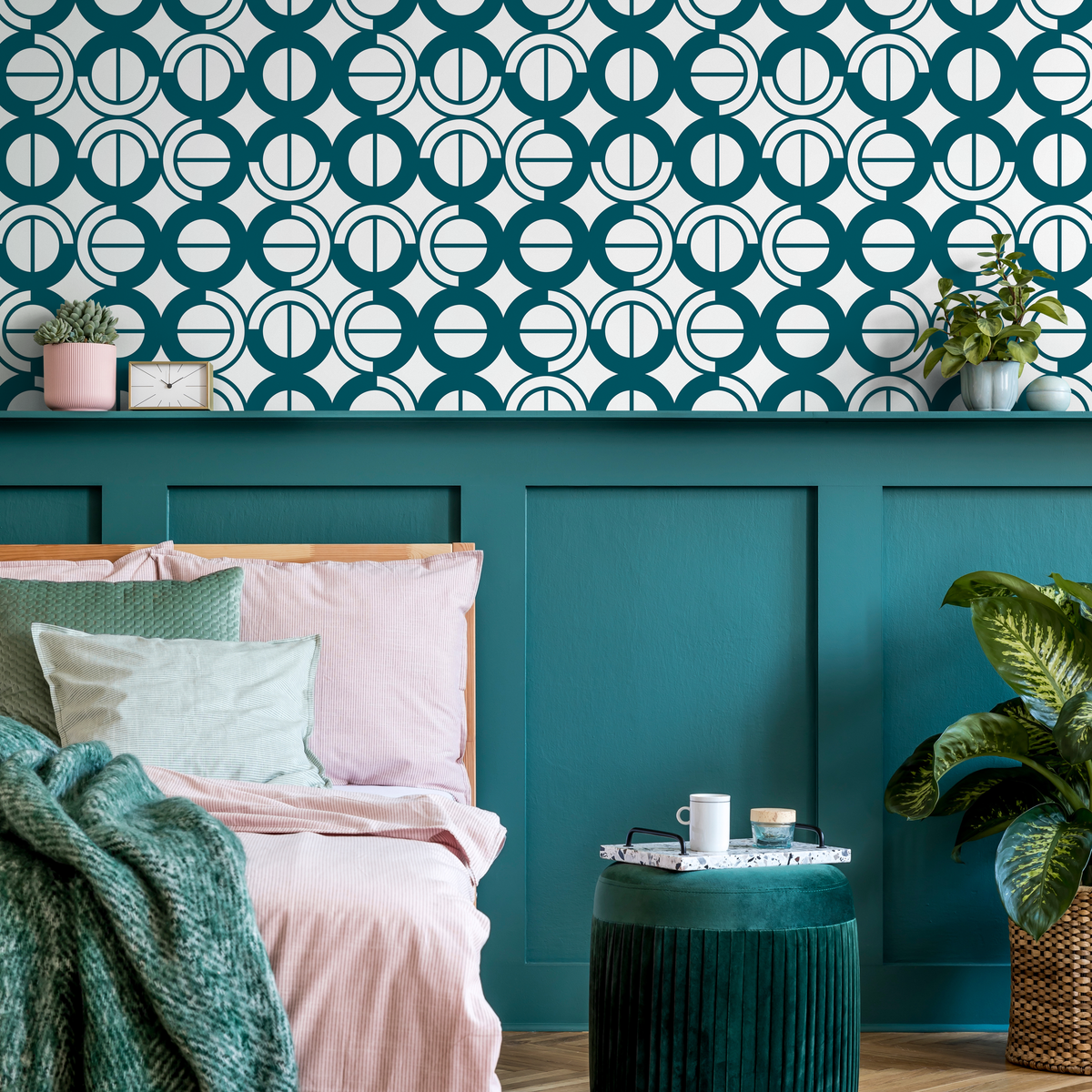 Geometric Wallpaper with a Geometric Circle Motif in Teal and White - detail view