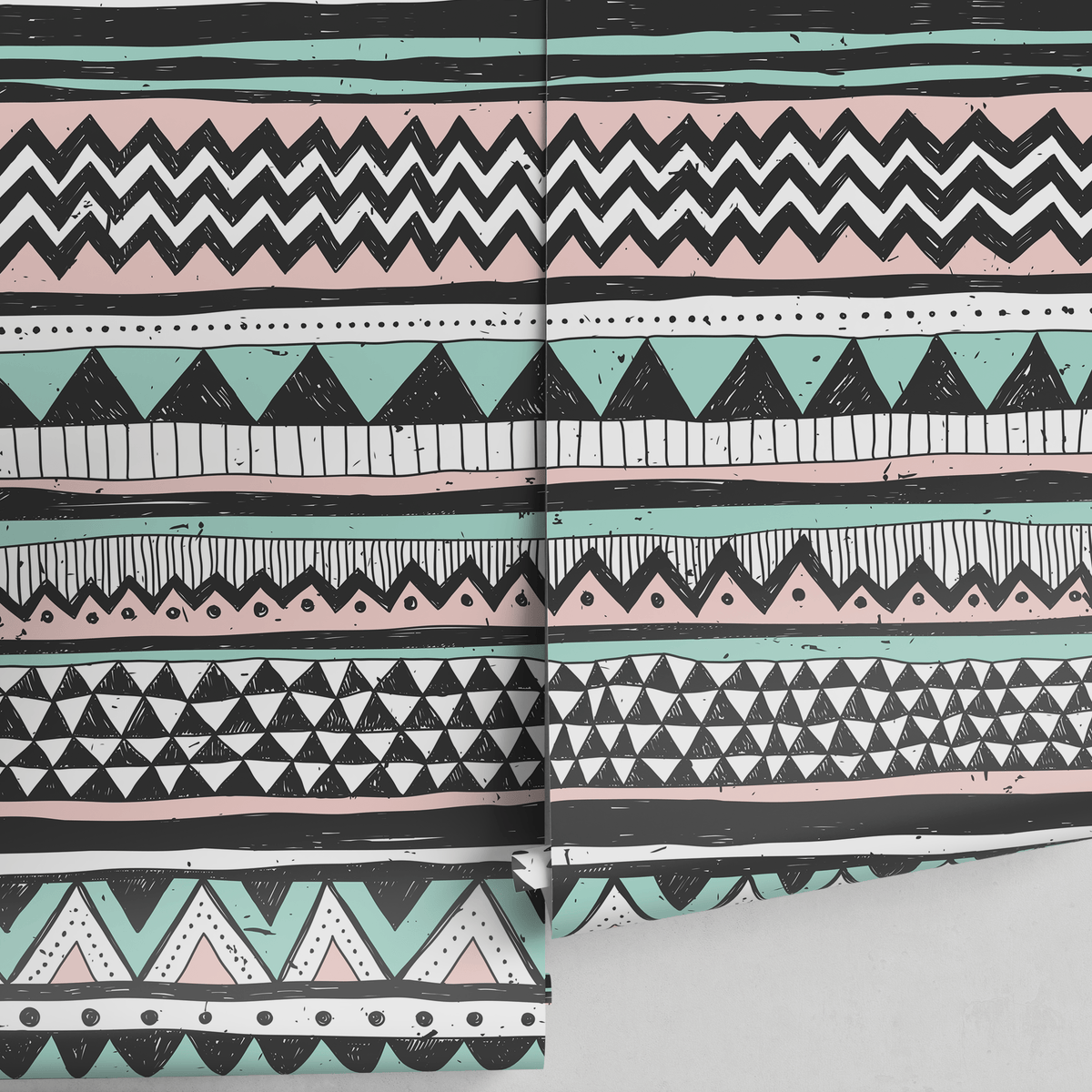 Tribal Wallpaper with Hand-Drawn Scandi Stripes in Black, Pink, and Mint Green - detail view