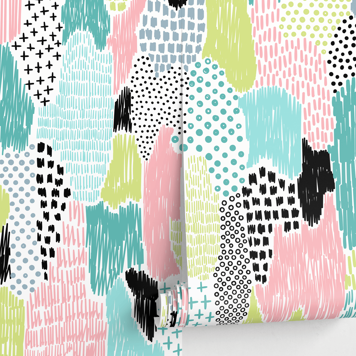 Abstract Wallpaper with Hand-Drawn Scribbles in Pink, Blue, Green, and Black - detail view