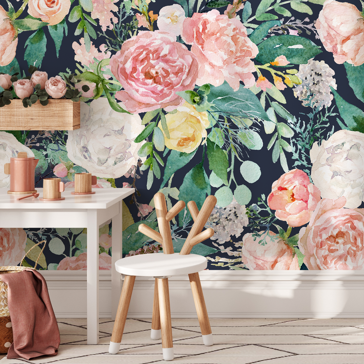 Floral Wallpaper featuring Watercolor Peonies in Pink, Green, and Yellow - detail view