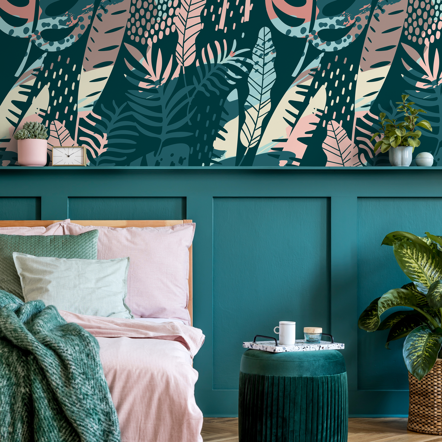 Abstract Jungle Wallpaper with Stylized Leaves in Teal, Pink, and Beige - A832