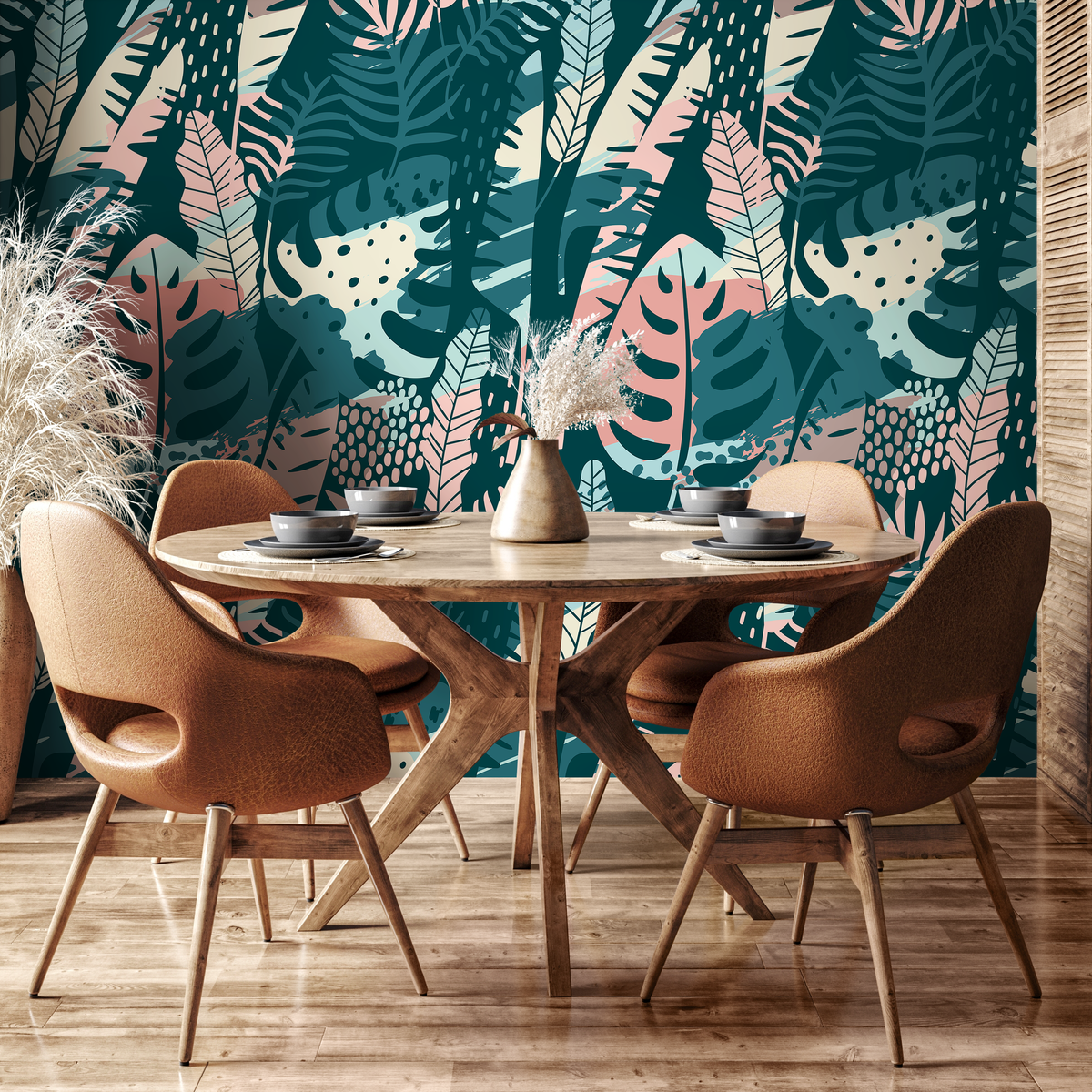 Abstract Jungle Wallpaper with Stylized Leaves in Teal, Pink, and Beige - detail view