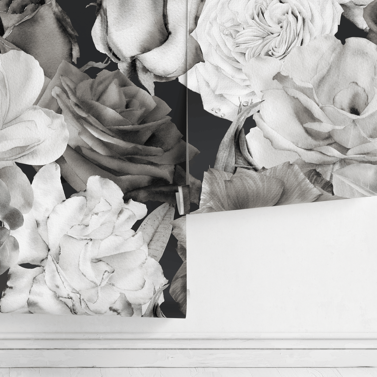 Floral Wallpaper Featuring Moody Vintage Roses in Black and White - detail view