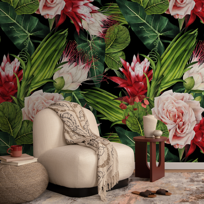 Wallpaper Peel and Stick Wallpaper Removable Wallpaper Home Decor Wall Art Wall Decor Room Decor / Roses and Leaf Wallpaper - A847