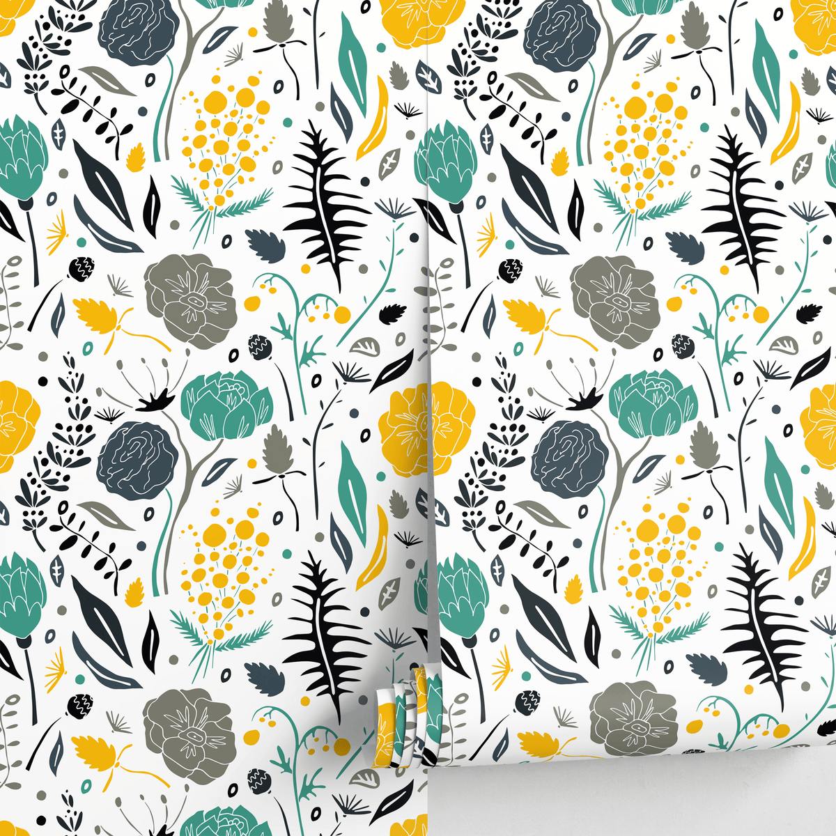 Scandinavian Wallpaper with Stylized Flowers in Yellow, Teal, and Black - detail view