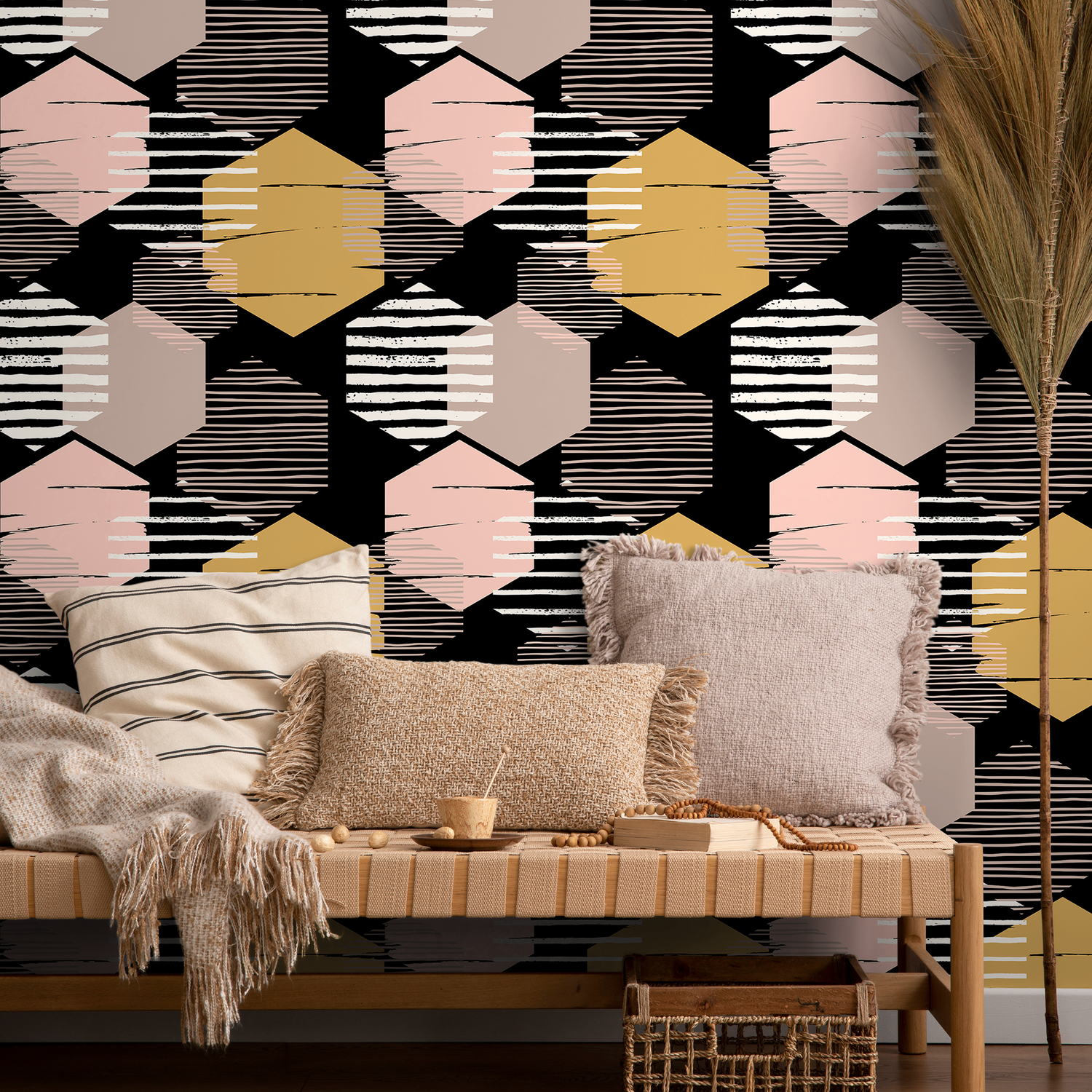 Geometric Wallpaper with Textured Hexagons in Black, Pink, and Gold - A855