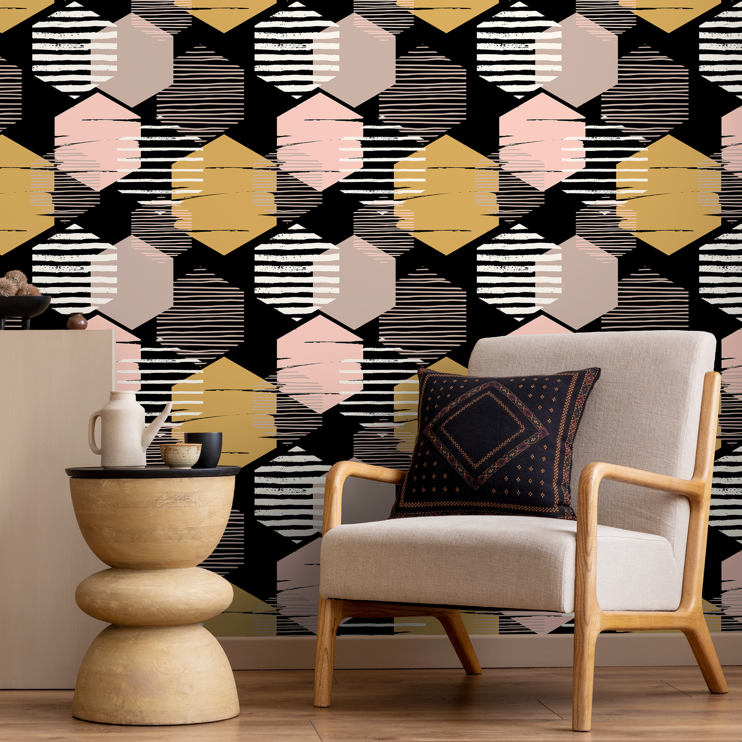 Geometric Wallpaper with Textured Hexagons in Black, Pink, and Gold - A855