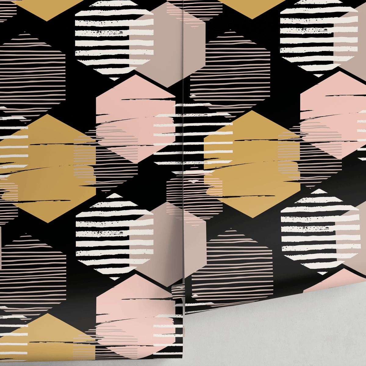 Geometric Wallpaper with Textured Hexagons in Black, Pink, and Gold - detail view