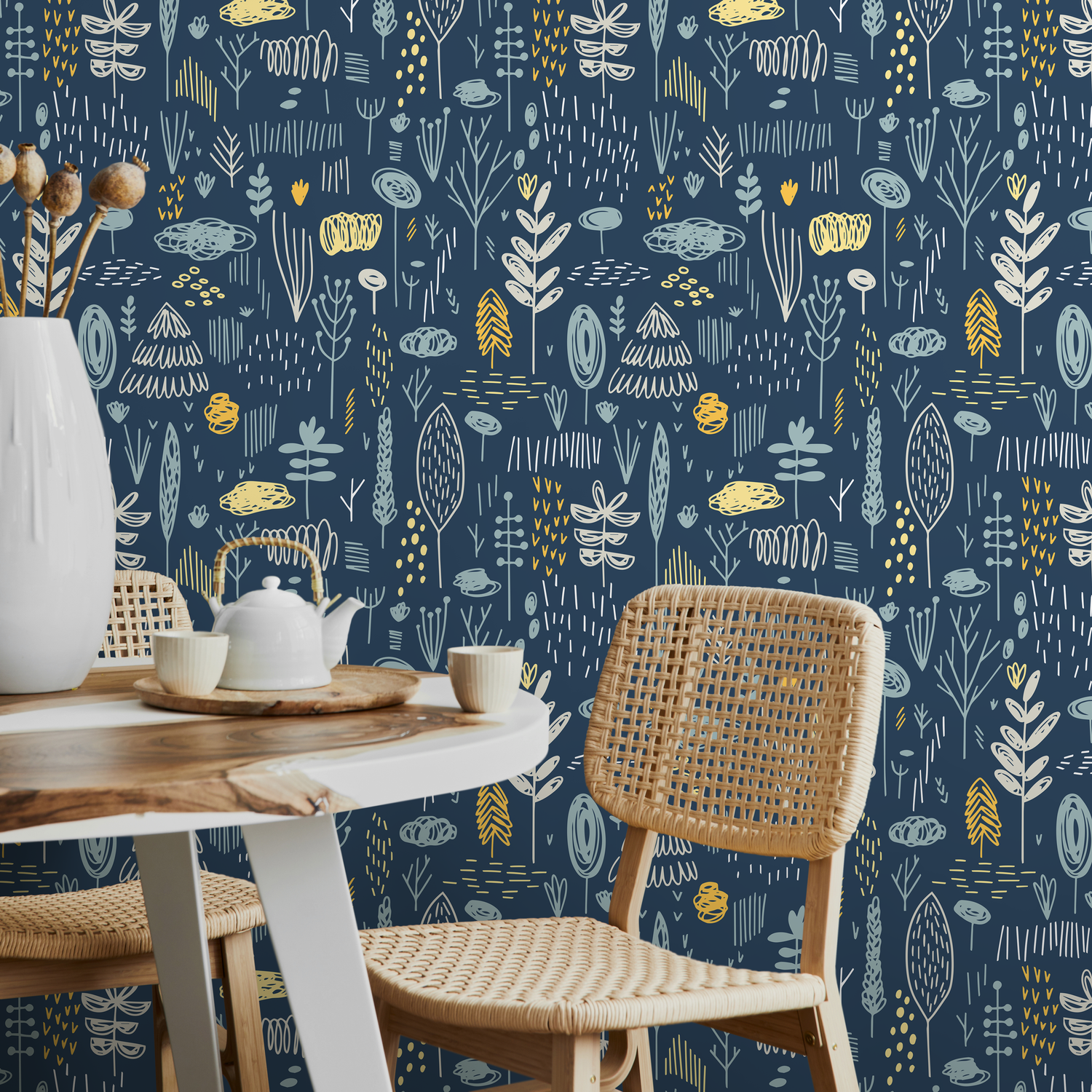 Scandinavian Wallpaper with a Folk Art Forest Motif in Blue and Yellow - A857
