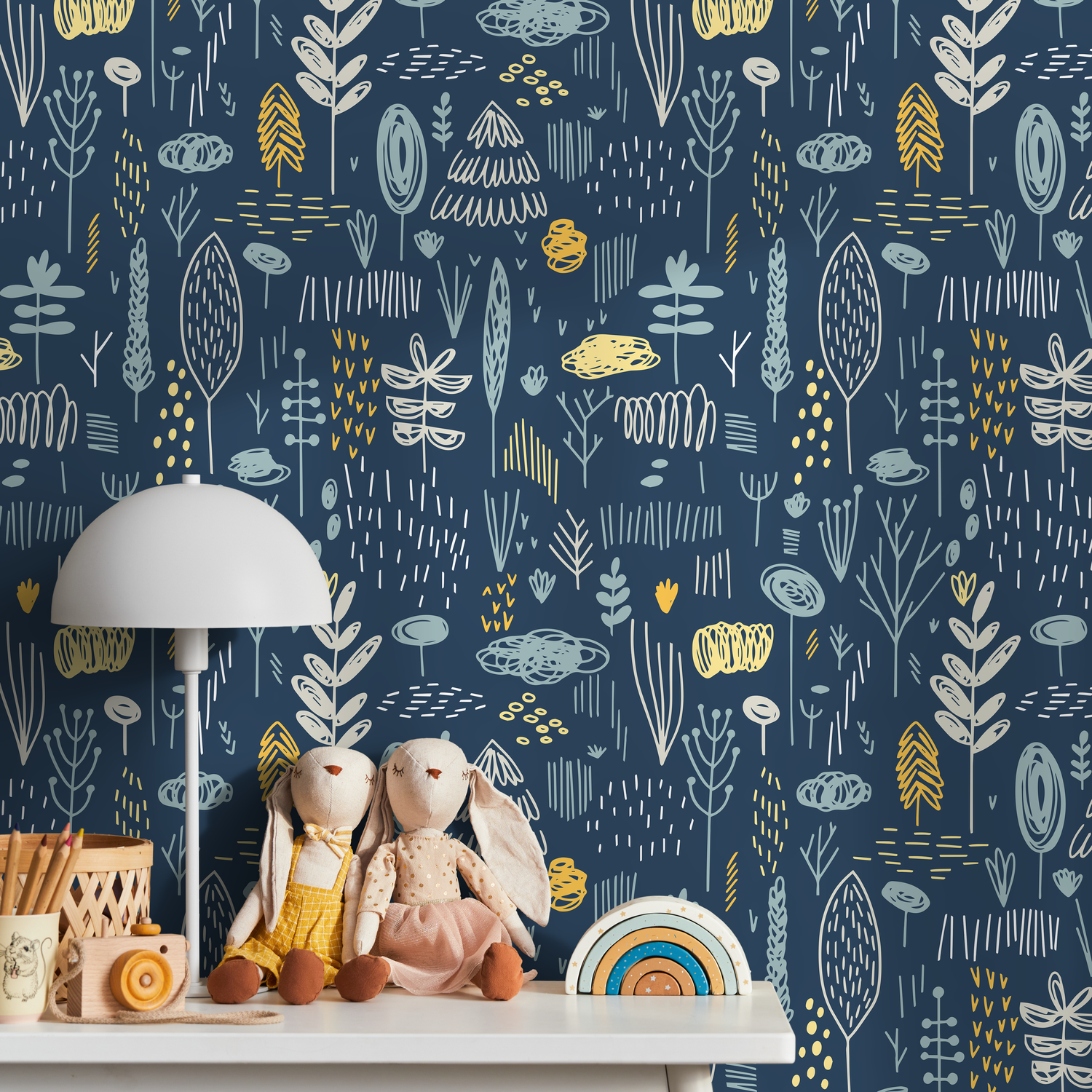 Scandinavian Wallpaper with a Folk Art Forest Motif in Blue and Yellow - A857