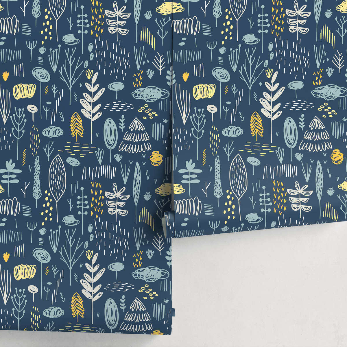 Forest Wallpaper with a Woodland Motif in Blue and Yellow - detail view