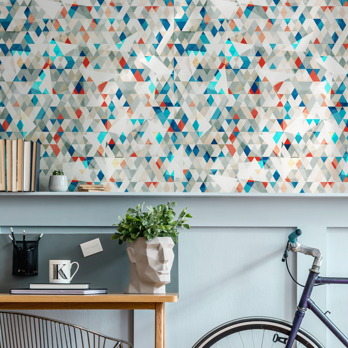 Geometric Wallpaper with a Mosaic of Triangles in Blue, Red, and Aqua - detail view