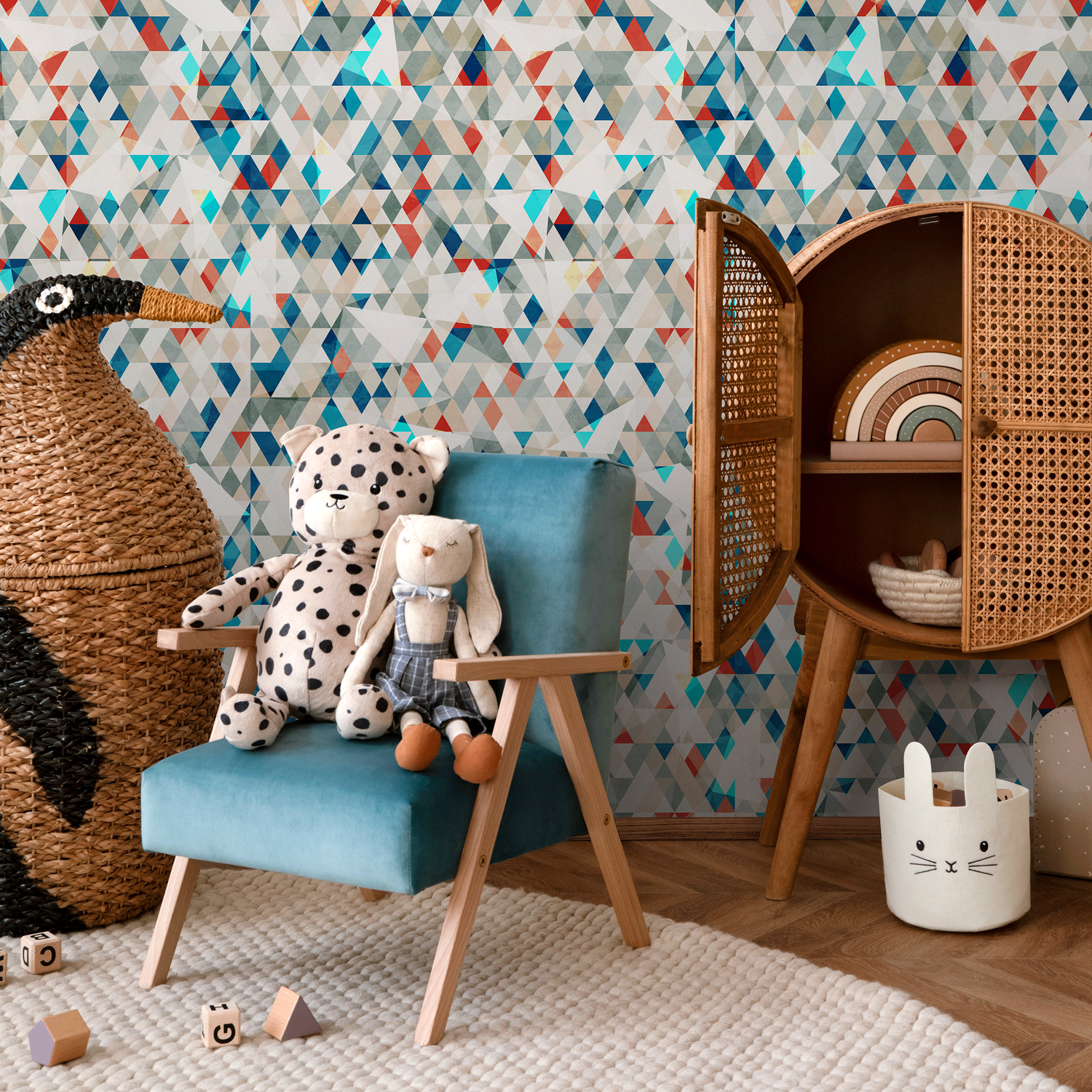 Geometric Wallpaper with a Mosaic of Triangles in Blue, Red, and Gray - A858