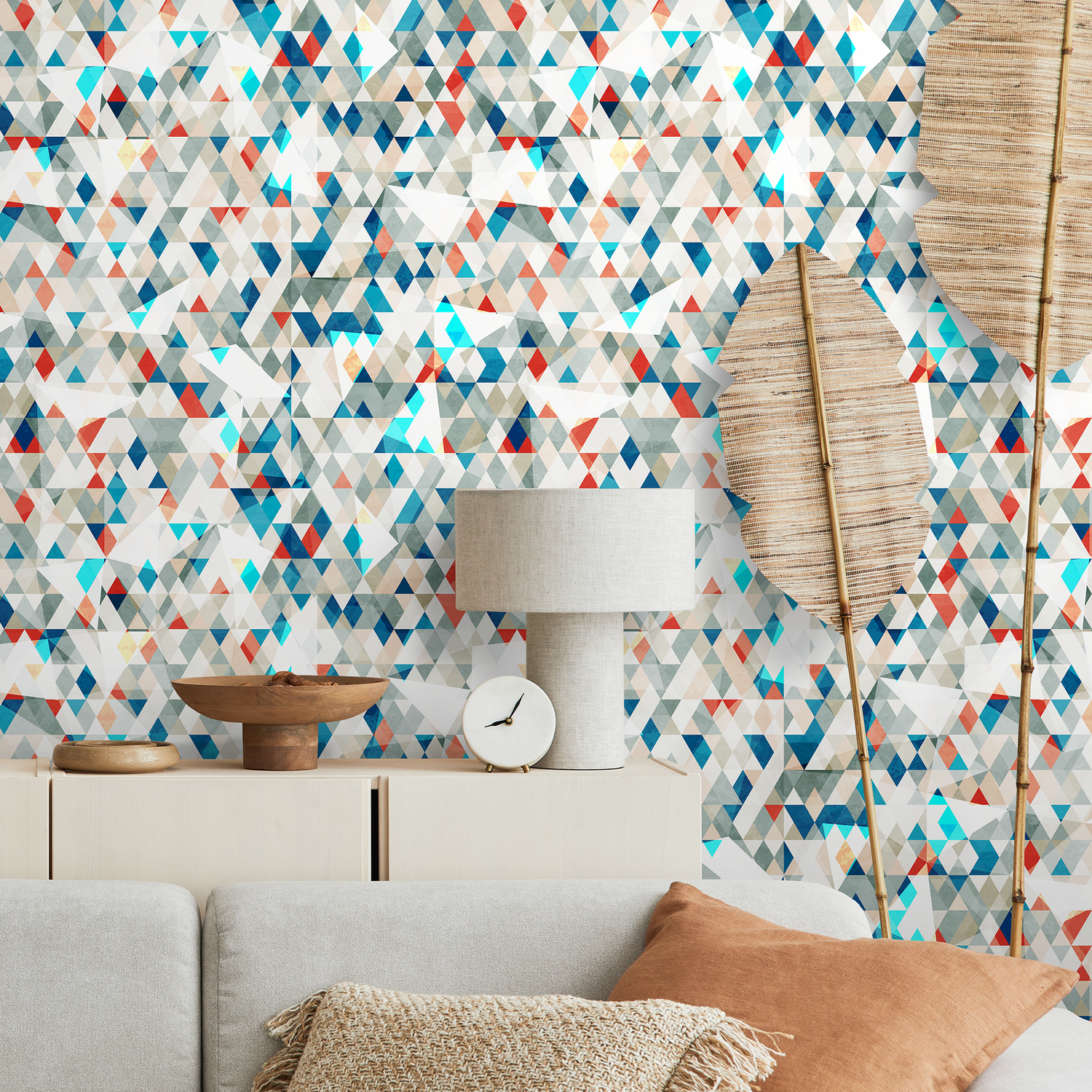 Geometric Wallpaper with a Mosaic of Triangles in Blue, Red, and Gray - A858