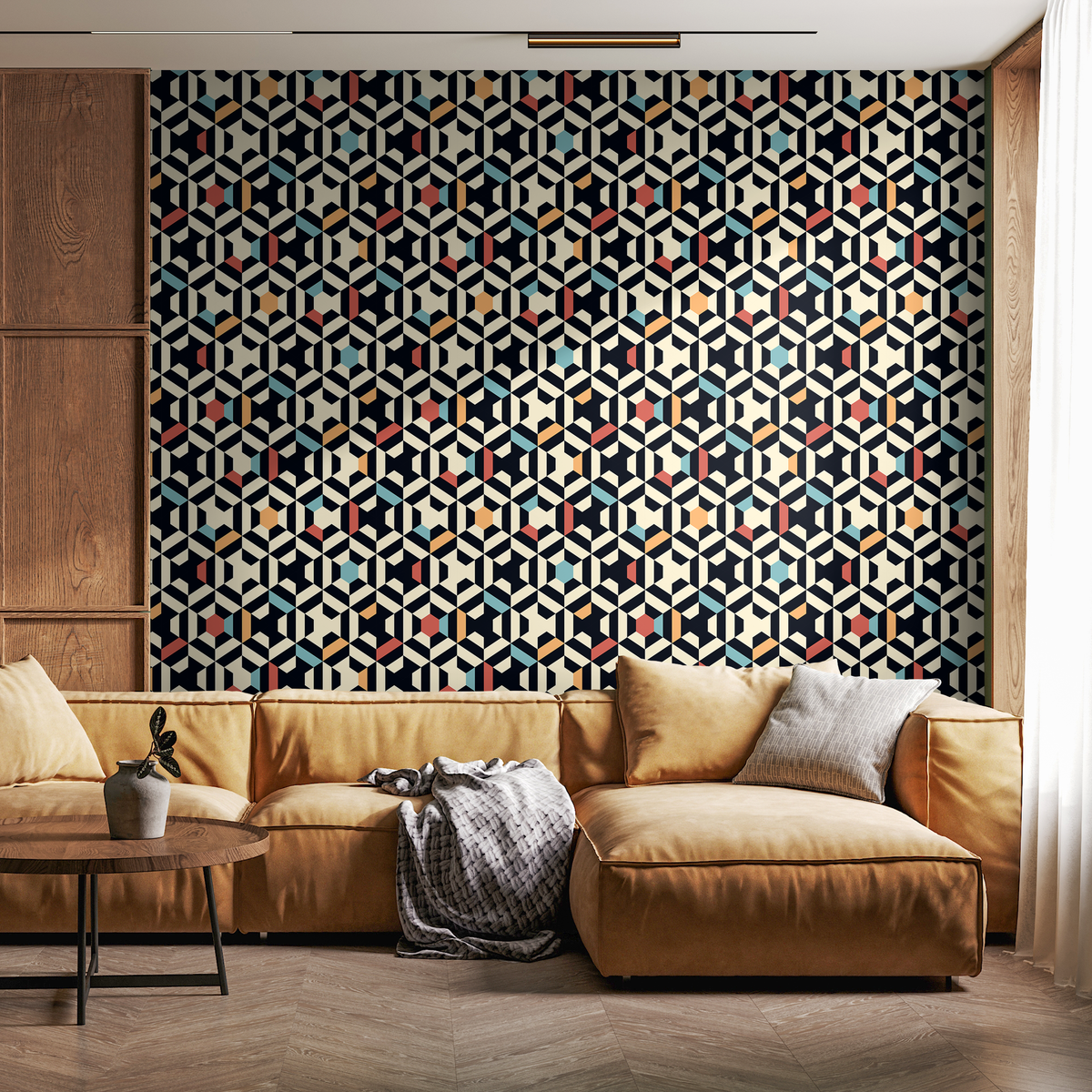 Geometric Wallpaper with a 3D Cube Motif in Black, Blue, and Orange - detail view