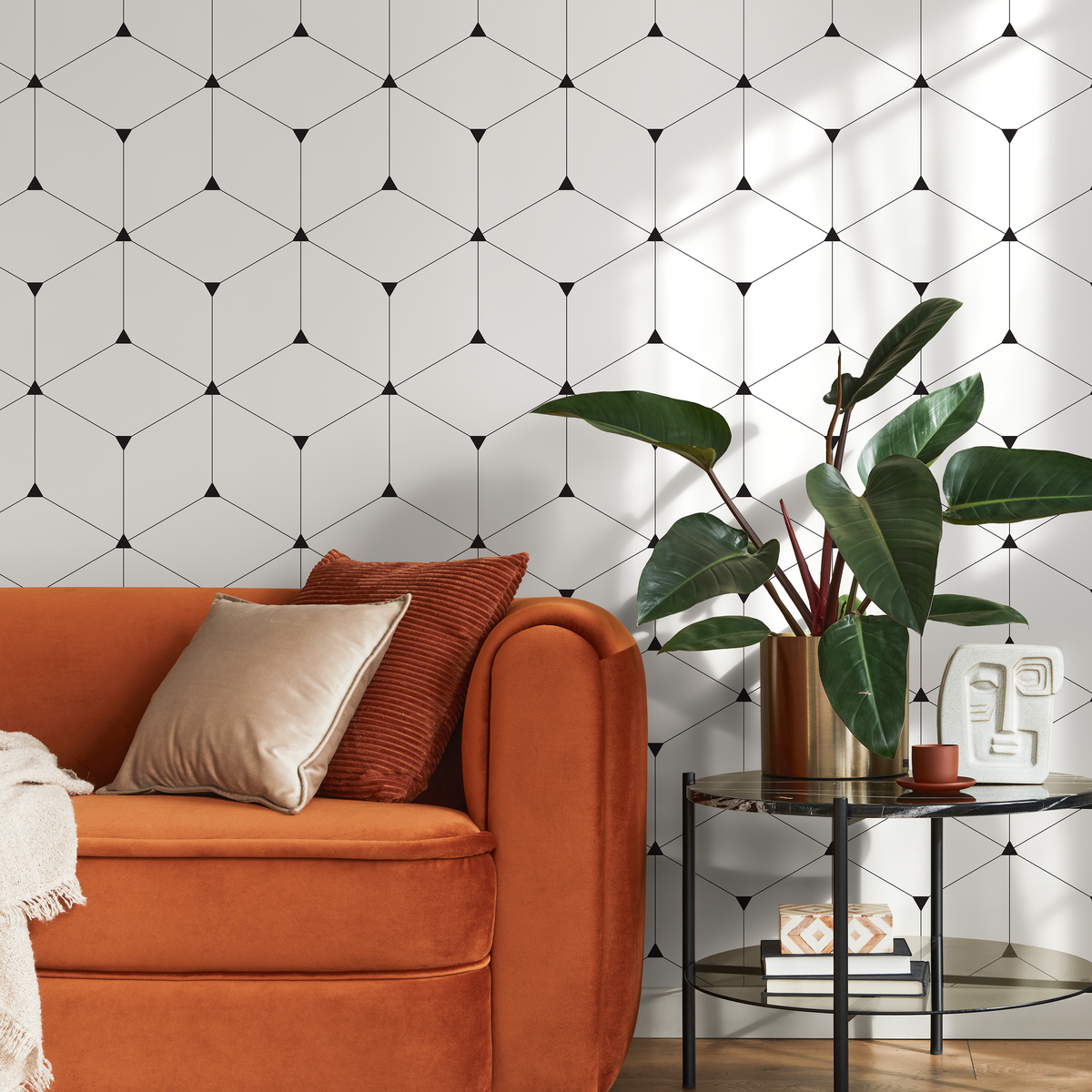 Geometric Wallpaper with a Repeating Cube Motif in Black and White - detail view