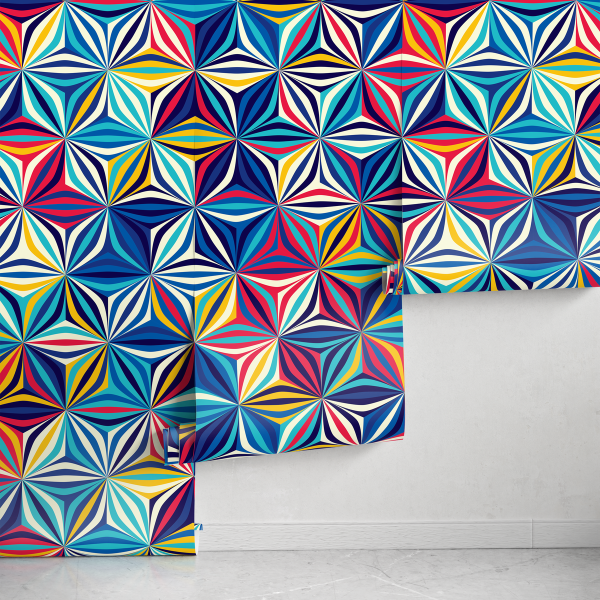 Geometric Wallpaper with a Kaleidoscopic Motif in Blue, Red, and Yellow - detail view