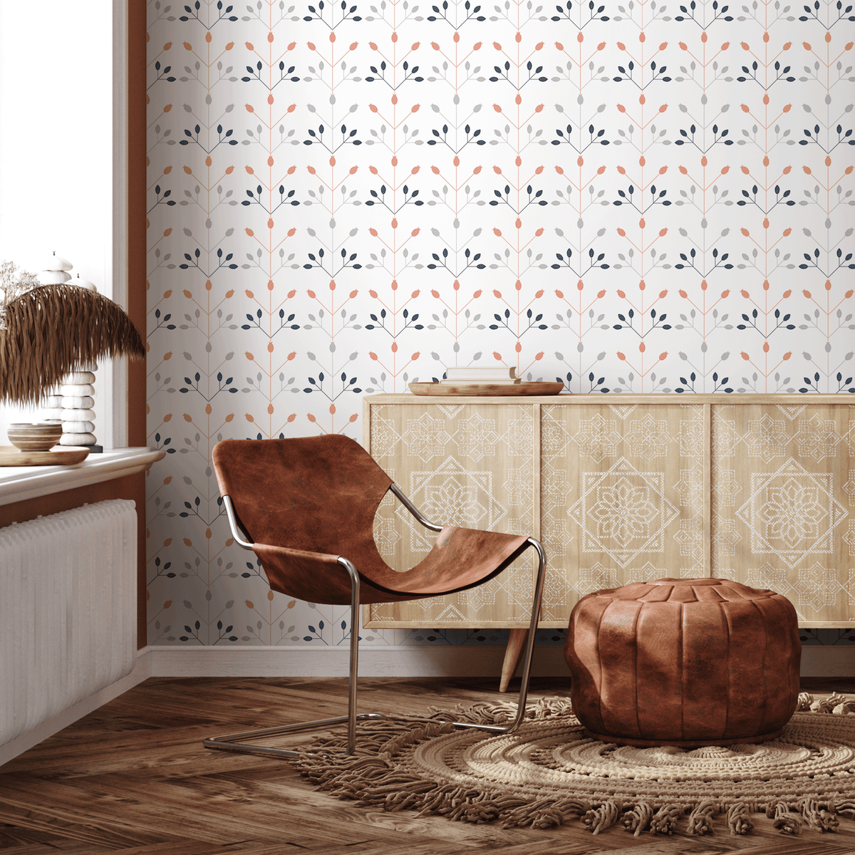Scandinavian Wallpaper with a Minimal Floral Motif in Coral, Blue, and Gray - detail view