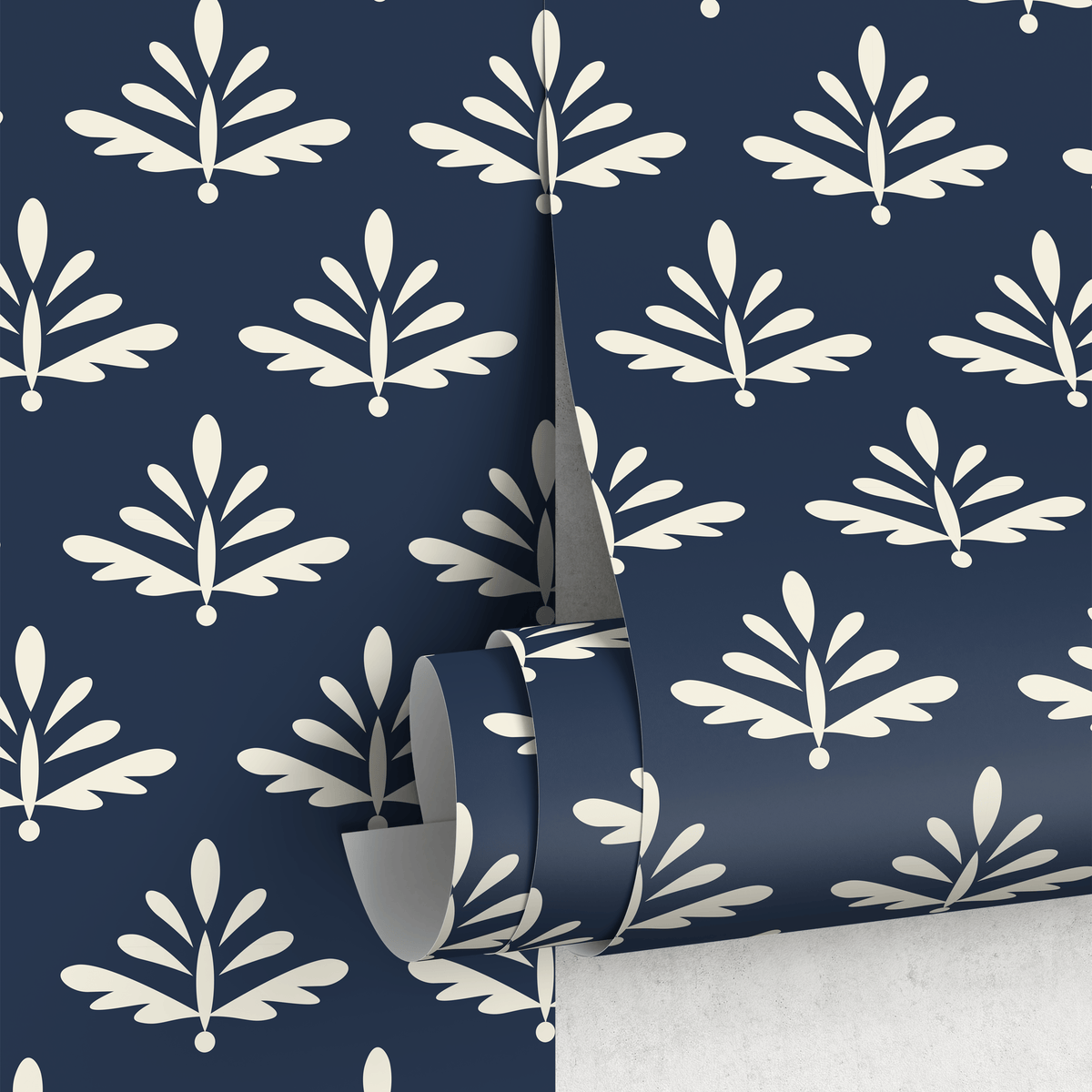 Botanical Wallpaper With a Stylized Foliage Motif in Navy Blue and Cream - detail view