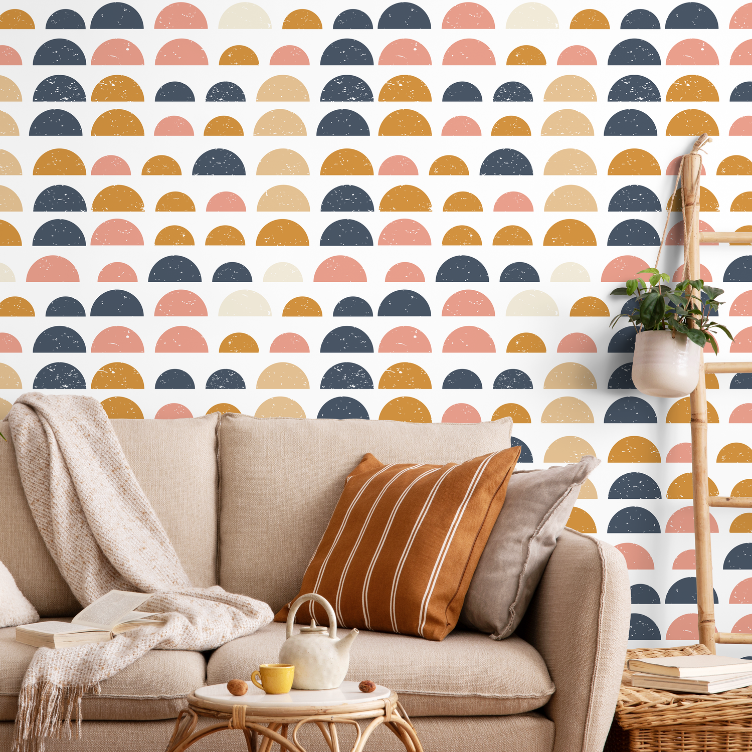 Geometric Wallpaper with Distressed Half Circles in Blue, Yellow, and Pink - A875
