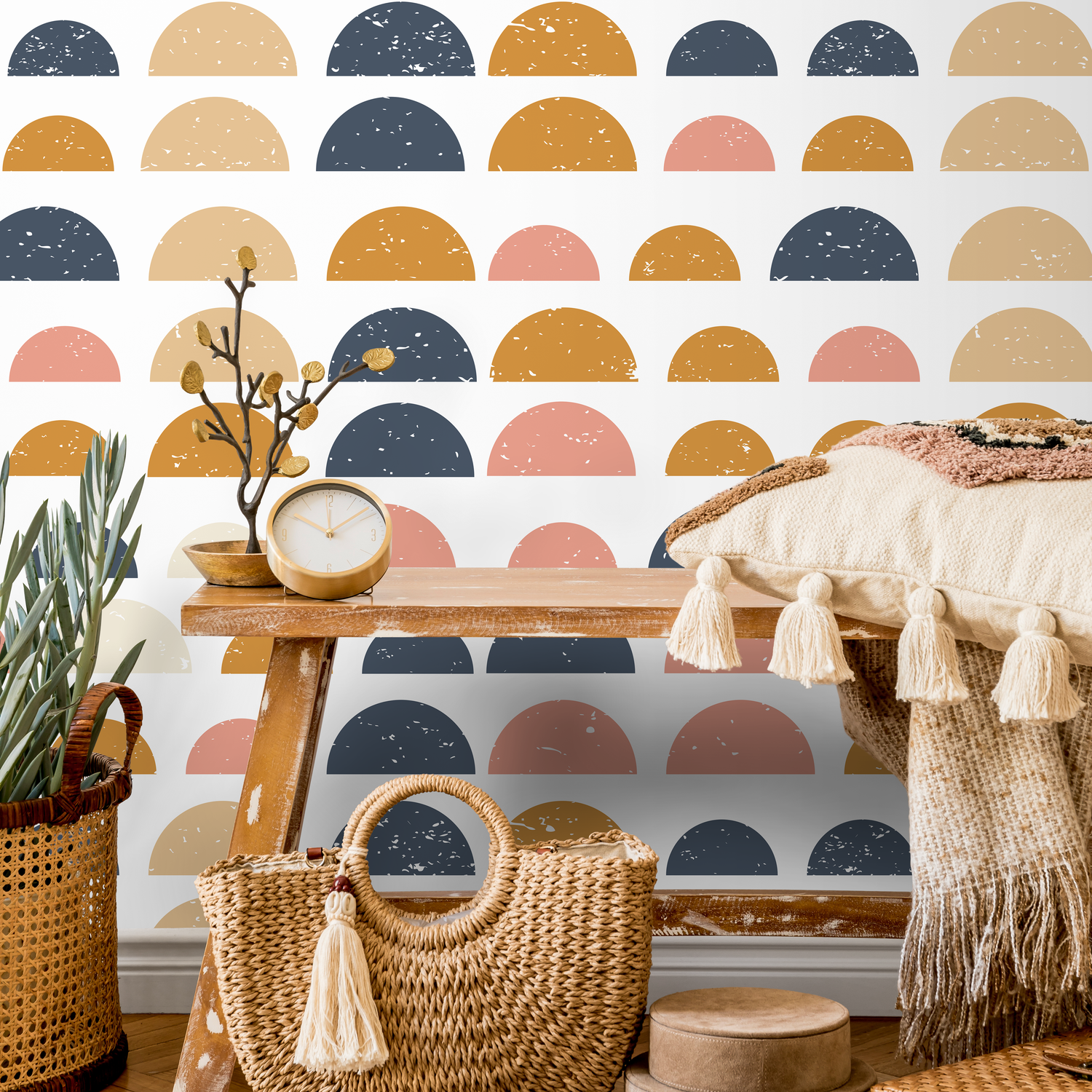 Geometric Wallpaper with Distressed Half Circles in Blue, Yellow, and Pink - A875