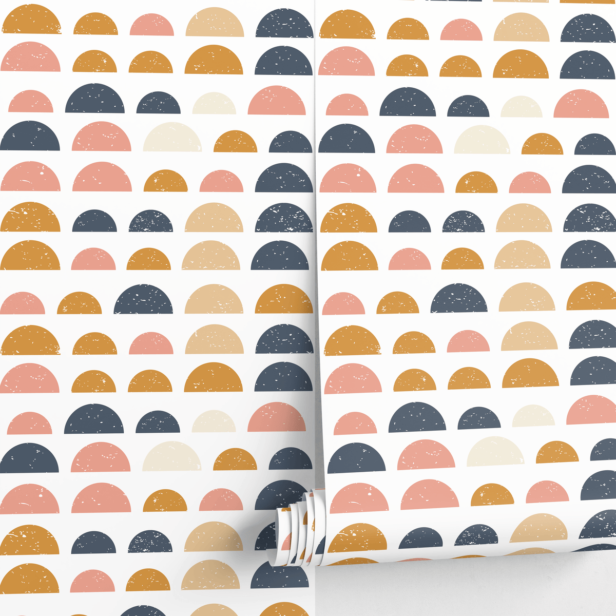 Geometric Wallpaper with Distressed Half Circles in Blue, Yellow, and Pink - detail view