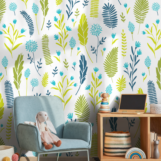 Wallpaper Removable Wallpaper Peel and Stick Wallpaper Wall Decor Home Decor  Wall Art Room Decor / Green and Blue Leaf Wallpaper - A879