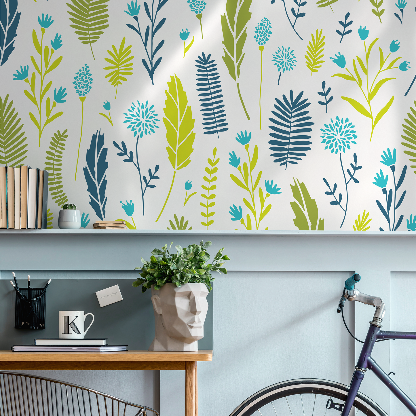 Wallpaper Removable Wallpaper Peel and Stick Wallpaper Wall Decor Home Decor  Wall Art Room Decor / Green and Blue Leaf Wallpaper - A879