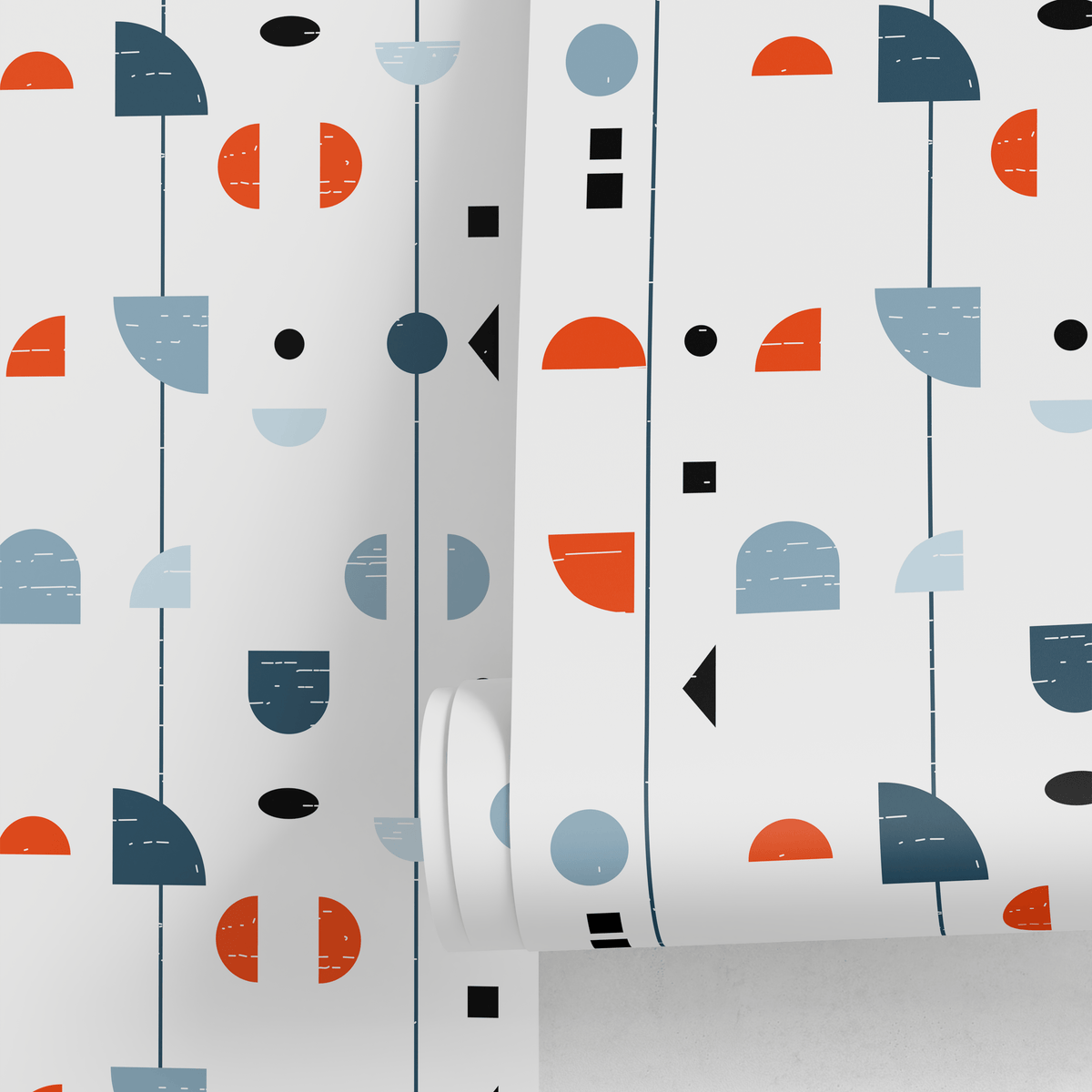 Geometric Wallpaper with Abstract Scandinavian Forms in Orange, Blue, and Black - detail view