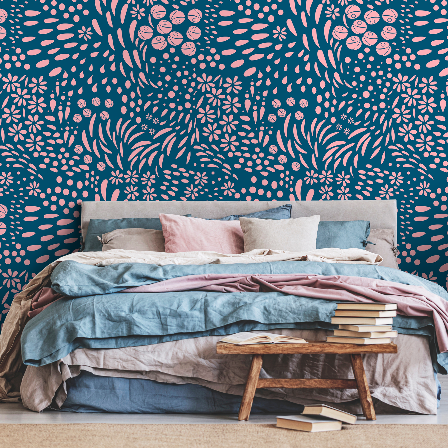 Scandinavian Wallpaper with Abstract Floral Shapes in Pink and Blue - A887