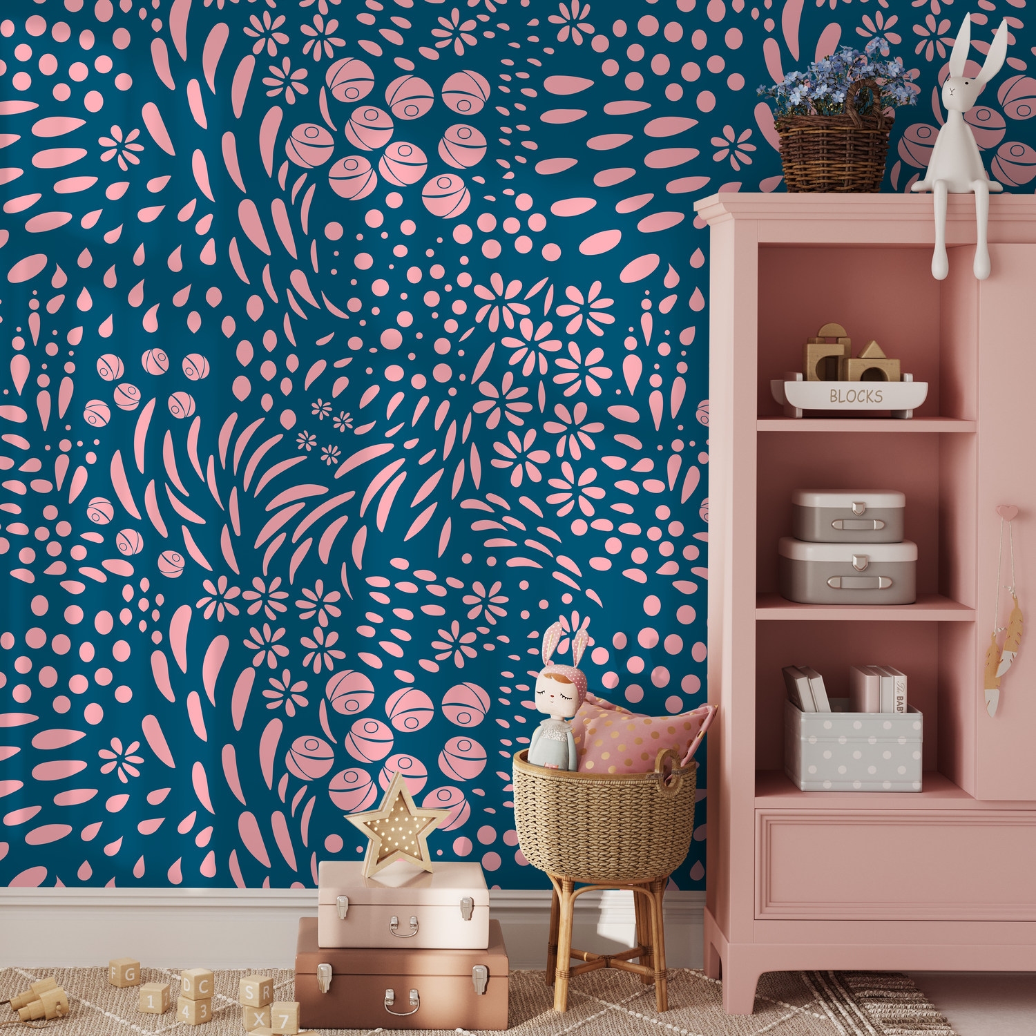 Scandinavian Wallpaper with Abstract Floral Shapes in Pink and Blue - A887