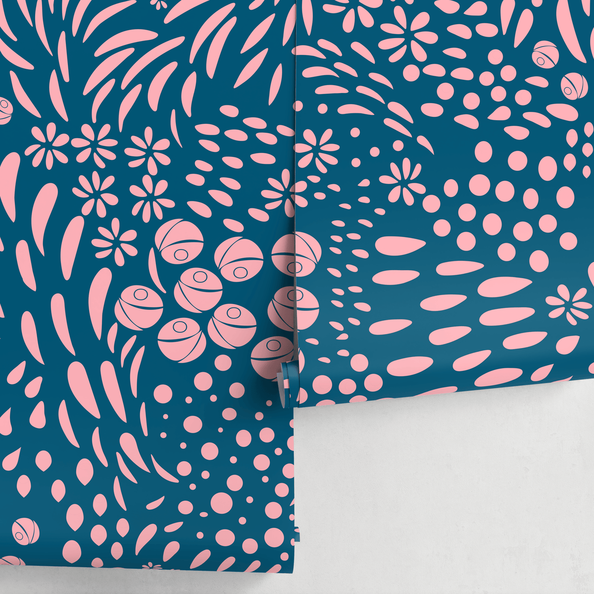 Abstract Wallpaper with Floral Shapes in Pink and Blue - detail view