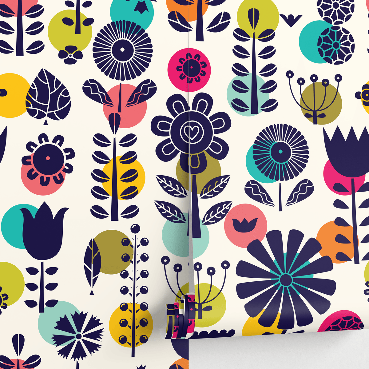 Floral Wallpaper with Bold Geometric Blooms in Dark Blue, Teal, and Yellow - detail view