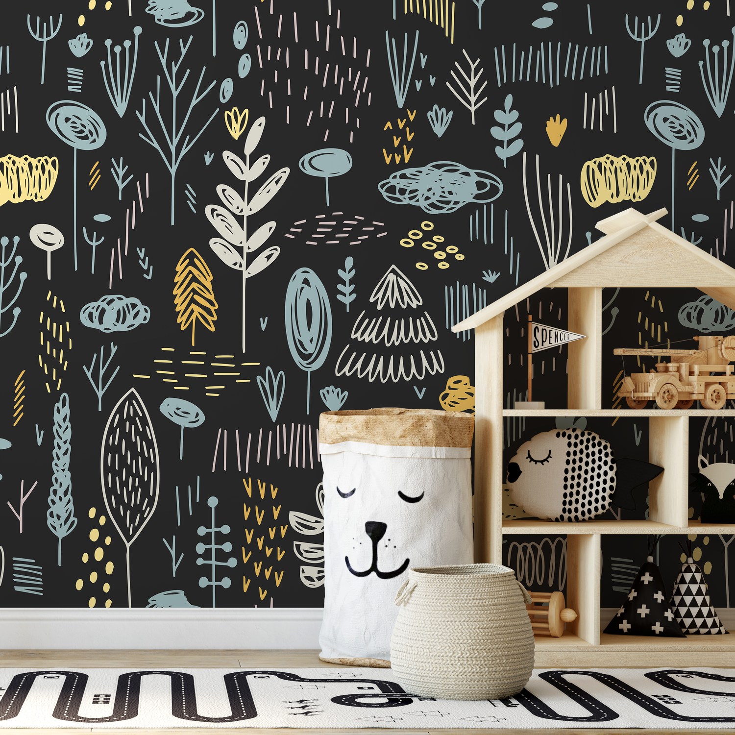 Scandinavian Wallpaper with a Nordic Woodland Motif in Black, Blue, and Yellow - A895