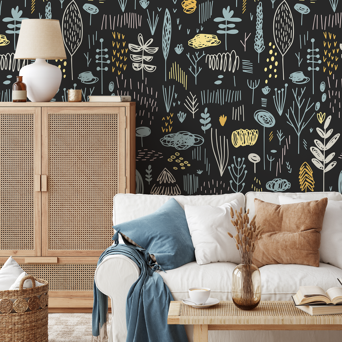Nursery Wallpaper with a Nordic Woodland Motif in Black, Blue, and Yellow - detail view