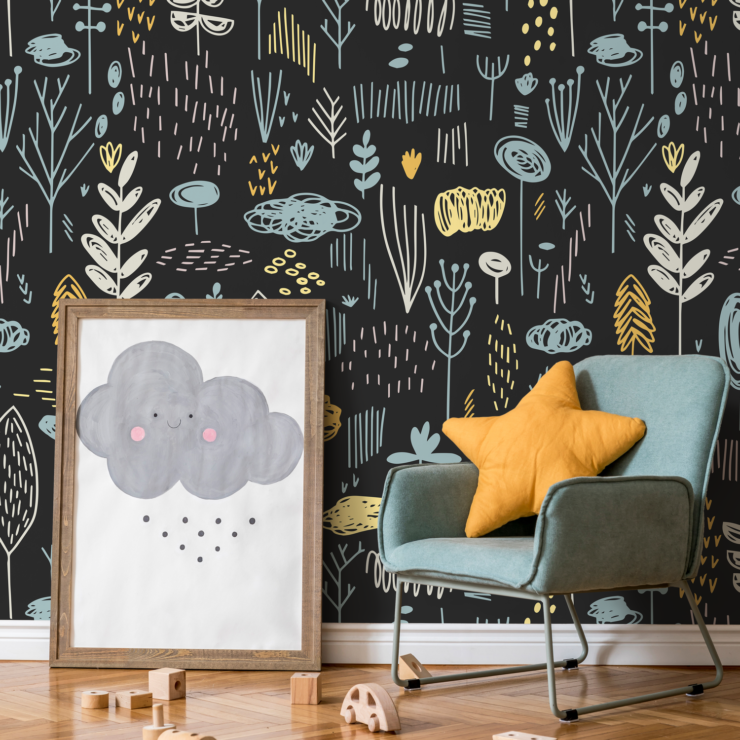 Scandinavian Wallpaper with a Nordic Woodland Motif in Black, Blue, and Yellow - A895