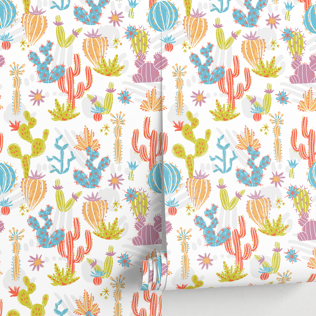 Kids Wallpaper Featuring Illustrated Cacti in Green, Blue, and Orange - detail view