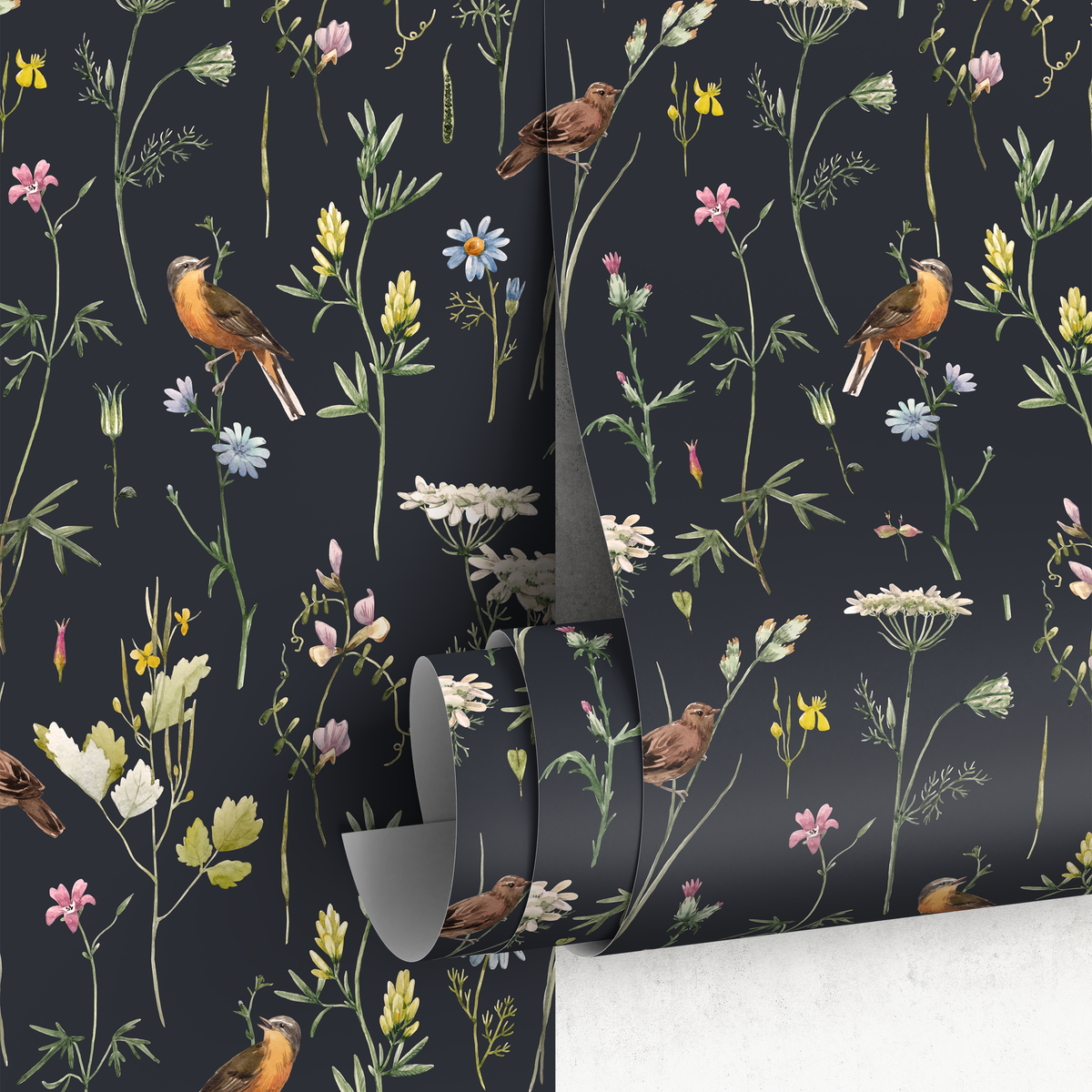 Chinoiserie Wallpaper with a Wildflower and Bird Motif in Black, White, and Yellow - detail view