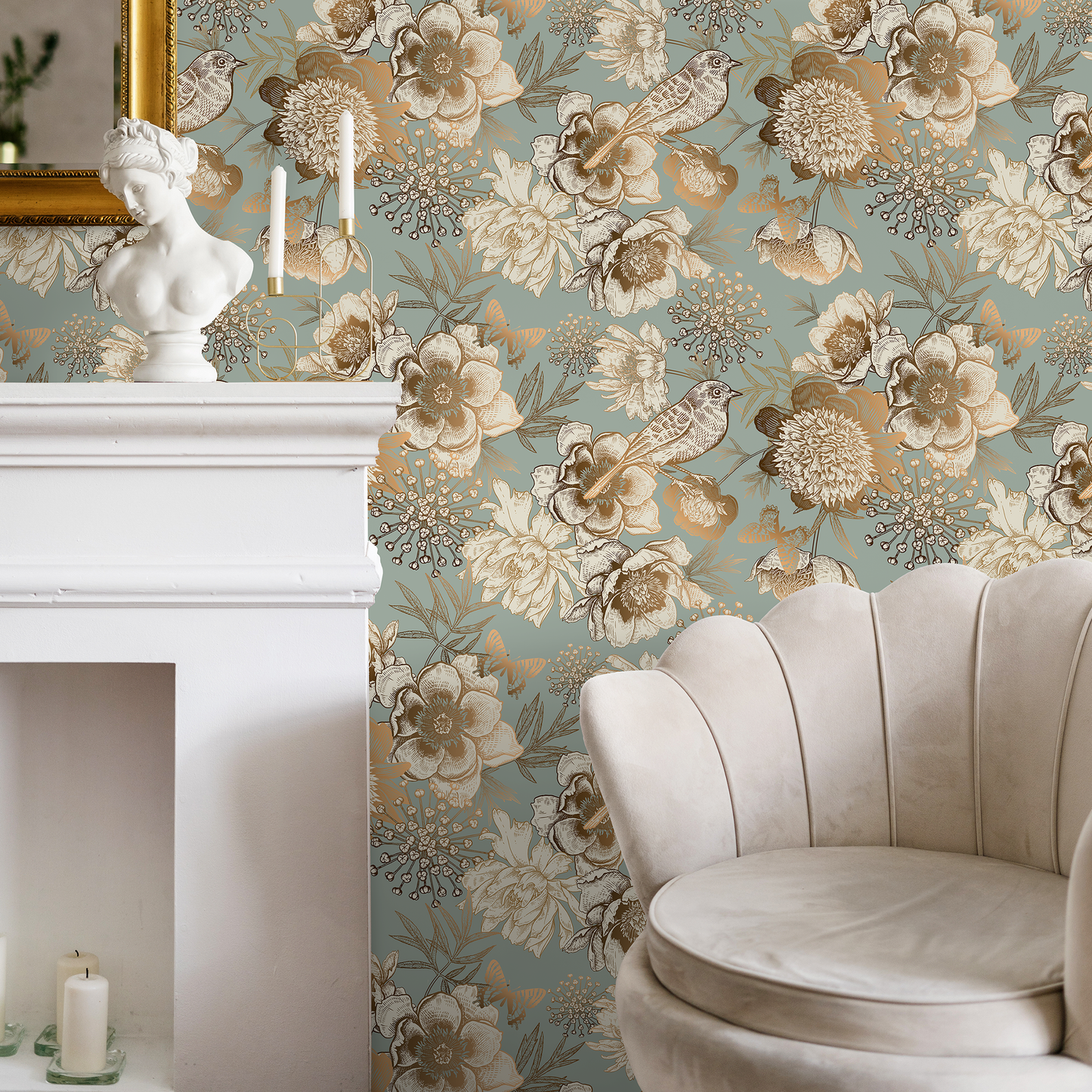 Removable Wallpaper Peel and Stick Wallpaper Wall Paper Wall Mural - Vintage Flower Mint and Non-Metalic Gold Color - A918