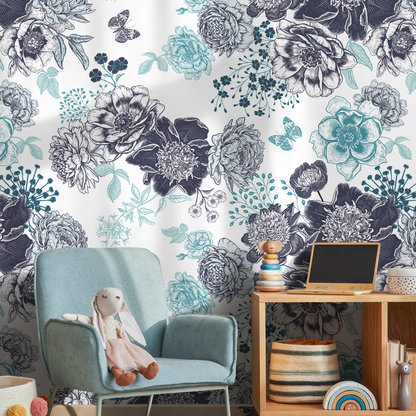 Butterfly and Floral Wallpaper Blue Vintage Wallpaper Peel and Stick and Traditional Wallpaper - A920