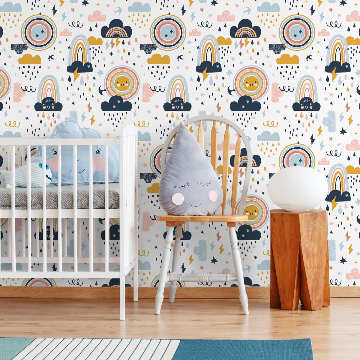 Kids Wallpaper with Smiling Suns and Rainbows in Blue, Pink, and Yellow - detail view