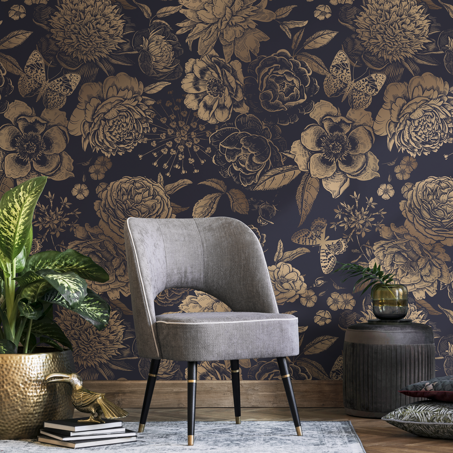 Removable Wallpaper Peel and Stick Wallpaper Wall Paper Wall Mural - Vintage Flower Non-Metalic Gold Color - A922