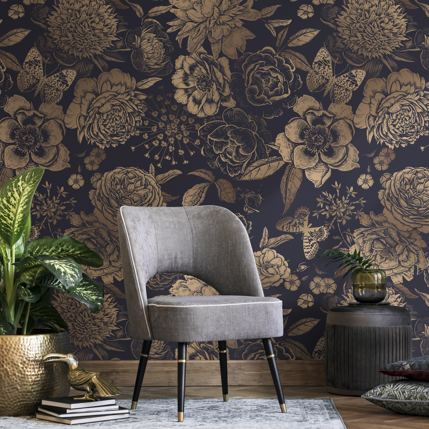 Removable Wallpaper Peel and Stick Wallpaper Wall Paper Wall Mural - Vintage Flower Non-Metalic Gold Color - A922 - ONDECOR.COM