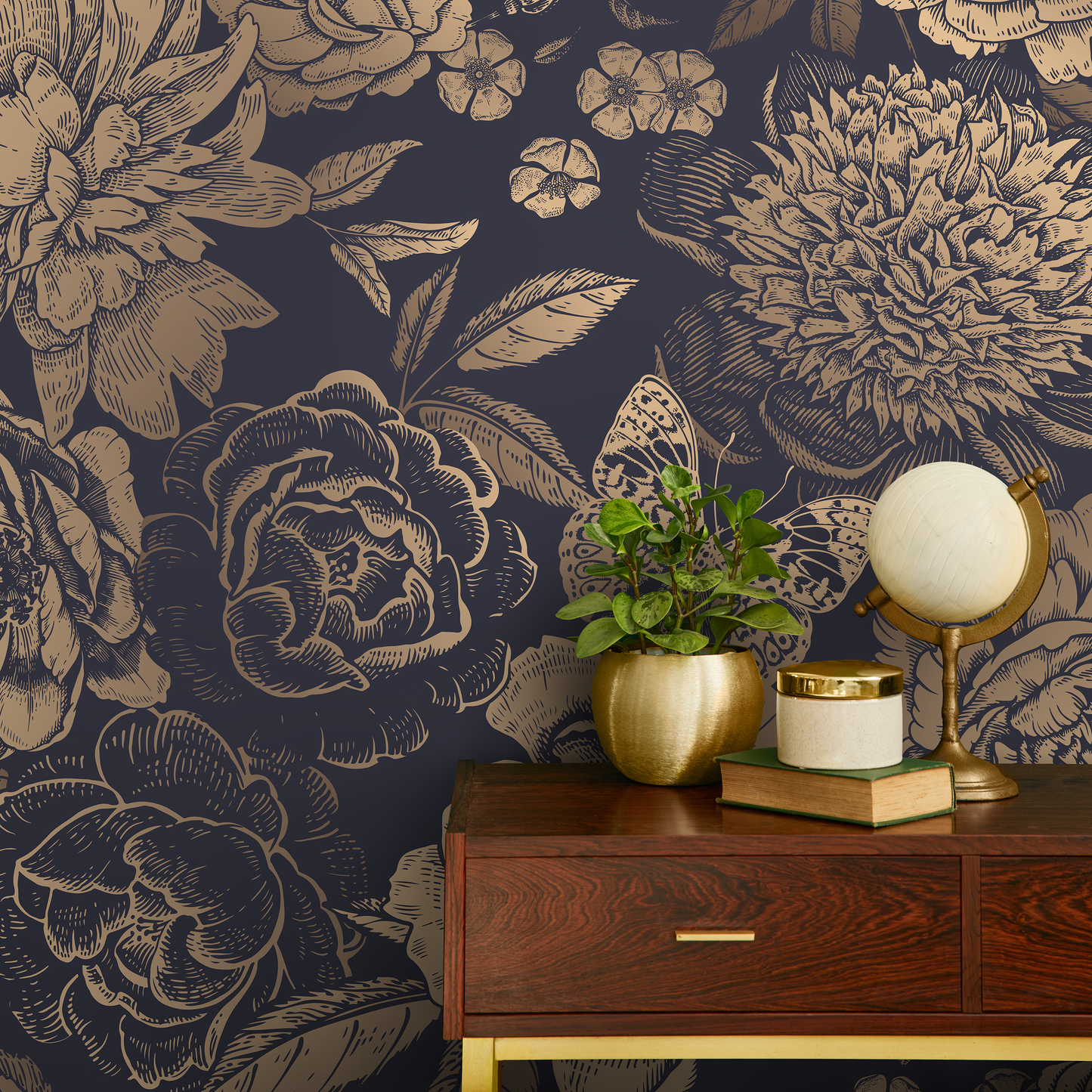 Removable Wallpaper Peel and Stick Wallpaper Wall Paper Wall Mural - Vintage Flower Non-Metalic Gold Color - A922