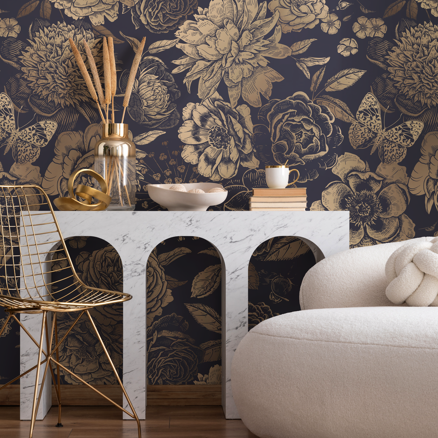 Removable Wallpaper Peel and Stick Wallpaper Wall Paper Wall Mural - Vintage Flower Non-Metalic Gold Color - A922 - ONDECOR.COM